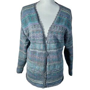 Vintage Jantzen Collection Embroidered Grey Blue Purple Cardigan Sweater Size M